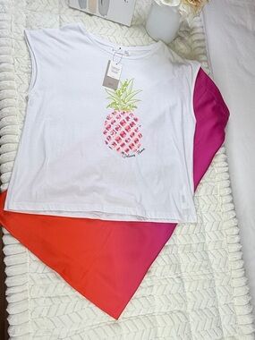 Sequined Neon Pineapple Graphic Cotton Tee Top Blouse